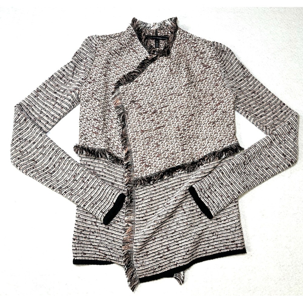 White House Black Market Fringe Knit Jacket Cardigan  Pink Cream Black Size Sm